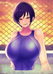 Rule 34 | 1girl, armpits, bare shoulders, black hair, breasts, cloud, cloudy sky, collarbone, competition swimsuit, evening, female focus, fence, highres, huge breasts, looking at viewer, mole, mole under mouth, one-piece swimsuit, open mouth, orange eyes, original, partially submerged, pool, shiny clothes, short hair, sky, solo, swimsuit, tokitamago (sasakitoki), upper body, water