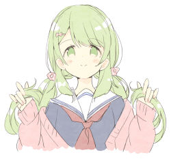 Rule 34 | 1girl, blue shirt, blush stickers, cardigan, closed mouth, cropped torso, fingernails, green eyes, green hair, hair ornament, hair scrunchie, hairclip, hands up, holding, holding own hair, long hair, long sleeves, low twintails, meito (maze), morinaka kazaki, nijisanji, open cardigan, open clothes, pink cardigan, pink scrunchie, polka dot, polka dot scrunchie, red neckwear, sailor collar, school uniform, scrunchie, serafuku, shirt, sidelocks, simple background, sleeves past wrists, smile, solo, twintails, upper body, virtual youtuber, white background, white sailor collar
