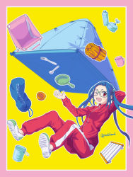 Rule 34 | 1girl, ;d, bag, blue hair, border, cup, firewood, floating, floating object, fork, frying pan, glasses, gym uniform, kindling, long hair, mug, one eye closed, oogaki chiaki, open mouth, outside border, pink border, red eyes, simple background, frying pan, smile, solo, spoon, tent, track suit, twintails, twitter username, wink, yellow background, yurucamp, yusshii