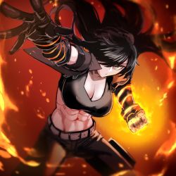 Rule 34 | 1girl, abs, belt, black gloves, black hair, black pants, black sports bra, borrowed character, breasts, cleavage, clenched hand, cowboy shot, elbow gloves, fire, floating hair, gloves, grey eyes, hair over one eye, highres, hinomoto madoka, large breasts, long hair, looking at viewer, midriff, navel, original, pants, second-party source, sera (judgemint), serious, solo, sports bra, white belt