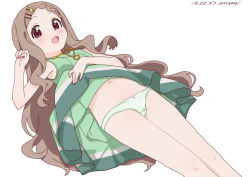 Rule 34 | 1girl, aoba kokona, artist name, baba arumi, bare shoulders, blush, bow, bow panties, braid, breasts, brown hair, cameltoe, cleft of venus, clothes lift, dated, green panties, green skirt, hair ornament, hairclip, lifting own clothes, long hair, looking at viewer, lying, navel, on back, open mouth, panties, red eyes, simple background, skirt, skirt lift, small breasts, solo, underwear, white background, yama no susume