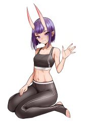 Rule 34 | 1girl, absurdres, black bra, black pants, blush, bra, breasts, collarbone, eyebrows, eyeshadow, fate/grand order, fate (series), fingernails, full body, hand on own thigh, highres, horns, kiritzugu, long fingernails, looking at viewer, makeup, nail polish, navel, pants, parted lips, pointy ears, purple eyes, purple hair, red eyeshadow, red nails, revision, short hair, shuten douji (fate), sitting, skin-covered horns, small breasts, smile, solo, sports bra, underwear, wariza, yoga pants