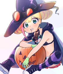 Rule 34 | 1girl, belt, black bra, black cape, black footwear, blonde hair, bra, candy, cape, double bun, flat chest, food, gloves, goggles, goggles on headwear, green eyes, green gloves, hair bun, halloween, hat, highres, holding, holding candy, holding food, holding lollipop, hood, hood down, jack-o&#039;-lantern, kouhara yuyu, lollipop, looking at viewer, lucia fex, multicolored hair, pink hair, plaid, plaid skirt, promare, red skirt, respirator, simple background, single sidelock, sitting, skirt, solo, striped clothes, striped thighhighs, swirl lollipop, thighhighs, underwear, white background, white belt, witch hat