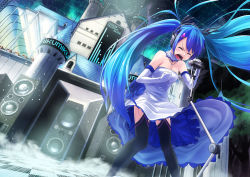 Rule 34 | 1girl, blue hair, castle, character name, checkered floor, copyright name, dress, dutch angle, elbow gloves, closed eyes, floor, gloves, hatsune miku, headphones, jewelry, long hair, microphone, microphone stand, music, necklace, open mouth, singing, sky, solo, speaker, star (sky), starry sky, strapless, strapless dress, thighhighs, tokumaro, twintails, very long hair, vocaloid