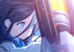 Rule 34 | 1girl, aris (blue archive), black hair, blocking, blue archive, blue eyes, bright pupils, clenched teeth, close-up, collared shirt, from side, game cg, highres, jacket, long hair between eyes, long sleeves, non-web source, official art, open clothes, open jacket, parted lips, shirt, solo, sparks, teeth, white jacket