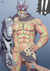 Rule 34 | !, !!, 2boys, abs, absurdres, bar censor, bara, bare pectorals, body markings, censored, character request, cloak, clothing aside, cowboy shot, fake horns, flaccid, helmet, highres, horned helmet, horns, jewelry, large pectorals, male focus, masaru oka, multiple boys, muscular, muscular male, navel, necklace, nipples, pectorals, pelvic curtain, pelvic curtain aside, penis, prosthesis, prosthetic arm, revealing clothes, solo focus, stomach, thick thighs, thighs, tokyo houkago summoners, undressing another, veins, yaoi