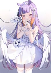 Rule 34 | 1girl, angel wings, blush, breasts, cleavage, closed mouth, cowboy shot, double strap slip, dress, feathered wings, feathers, flower, gradient hair, hair ribbon, highres, hololive, hololive english, light purple hair, light smile, long hair, medium breasts, multicolored hair, ninomae ina&#039;nis, orange hair, own hands together, pointy ears, purple eyes, ribbon, sleeveless, sleeveless dress, solo, standing, strap slip, tentacle hair, thighhighs, very long hair, virtual youtuber, white dress, white feathers, white flower, white ribbon, white thighhighs, white wings, wings, wrist ribbon, yenkoes