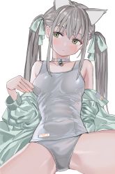 Rule 34 | 1girl, animal ears, bare shoulders, bell, blush, bow, breasts, cat ears, choker, closed mouth, commentary request, eyebrows hidden by hair, green bow, green eyes, green jacket, grey hair, hair between eyes, hair bow, head tilt, highres, jacket, jingle bell, long hair, luicent, neck bell, off shoulder, old school swimsuit, one-piece swimsuit, original, school swimsuit, sidelocks, simple background, small breasts, solo, swimsuit, twintails, white background, white choker, white one-piece swimsuit, white school swimsuit