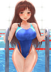 Rule 34 | 1girl, blue one-piece swimsuit, breasts, brown eyes, brown hair, competition swimsuit, cowboy shot, groin, highres, idolmaster, lane line, large breasts, long hair, looking at viewer, nitta minami, one-piece swimsuit, pool, pool ladder, solo, swimsuit, thigh gap, water, wet, wet clothes, wet swimsuit, yoshimoto (carpsukidayo)
