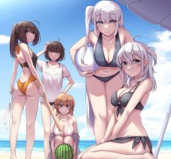 Rule 34 | 5girls, absurdres, ahoge, akizuki (kancolle), ass, ball, bare arms, bare legs, bare shoulders, beach, bikini, bikini under clothes, black bikini, black hair, blue eyes, blush, breasts, brown eyes, brown hair, butt crack, cleavage, closed mouth, cloud, competition swimsuit, cowboy shot, fuyutsuki (kancolle), grey eyes, grey hair, hair between eyes, hatsuzuki (kancolle), highres, holding, holding ball, kantai collection, kiritto, large breasts, long hair, looking at viewer, medium breasts, multiple girls, one-piece swimsuit, one side up, outdoors, ponytail, shirt, sky, smile, suzutsuki (kancolle), swimsuit, teruzuki (kancolle), umbrella, unfinished, very long hair, white bikini, white shirt