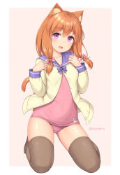 Rule 34 | 1girl, :d, animal ear fluff, animal ears, blush, border, bow, bowtie, cat ears, cat tail, contrapposto, covered navel, full body, grey thighhighs, hair bow, hands up, jacket, kneeling, long sleeves, looking at viewer, one-piece swimsuit, open mouth, orange hair, original, pink background, pink bow, pink one-piece swimsuit, purple bow, purple bowtie, purple eyes, purple sailor collar, sailor collar, sasaame, school uniform, serafuku, simple background, smile, solo, swimsuit, tail, thighhighs, twitter username, white border, yellow jacket