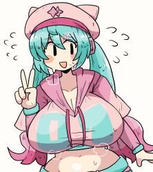 1girl :d alternate_breast_size animal_hat aqua_belt aqua_hair belly blush_stickers breasts cat_hat cleavage cropped_hoodie flying_sweatdrops fortnite gradient_hair hat hatsune_miku highres hood hoodie large_breasts long_hair long_sleeves looking_to_the_side multicolored_hair neko_hatsune_miku notnoe_(dxcl) open_mouth pink_hair pink_hoodie pink_sleeves smile sweat upper_body v vocaloid white_background