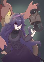 Rule 34 | 1girl, @ @, ahoge, black dress, commentary request, creatures (company), dress, game freak, gen 6 pokemon, gourgeist, hair between eyes, hairband, hand up, hex maniac (pokemon), highres, long hair, long sleeves, looking up, nail polish, nintendo, open mouth, phantump, pink nails, pokemon, pokemon (creature), pokemon xy, purple eyes, purple hair, purple hairband, smile, suitchi. (user trcd4334), tongue, turtleneck, watermark