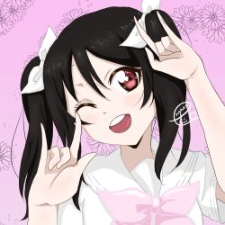 Rule 34 | 1girl, a song for you! you? you!, artist name, artist request, belt, black hair, blush, bow, collarbone, female focus, flower, hair bow, hair flower, hair ornament, highres, looking at viewer, love live!, love live! school idol project, nanase denpa, neckerchief, nico nico nii, one eye closed, parted lips, pink neckerchief, pink scrunchie, red eyes, red flower, sailor collar, scrunchie, shirt, short hair, smile, solo, twintails, white bow, white shirt, yazawa nico