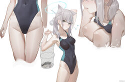 Rule 34 | 1girl, ahoge, animal ear fluff, animal ears, bare arms, bare shoulders, blue archive, blush, breasts, chilakkk, cleavage, close-up, closed mouth, collarbone, competition swimsuit, covered navel, cowboy shot, fishing net, folded, grey hair, groin, hair between eyes, highleg, highleg swimsuit, holding, looking at viewer, medium breasts, multiple views, musical note, one-piece swimsuit, shiroko (blue archive), shiroko (swimsuit) (blue archive), simple background, sitting, smile, solo, spoken musical note, standing, swimsuit, thighs, wet, white background
