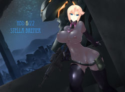Rule 34 | 1girl, belt, blonde hair, blue eyes, breasts, covered erect nipples, elbow gloves, gloves, gun, haganef, highres, impossible clothes, mecha, muv-luv, muv-luv alternative, muv-luv total eclipse, navel, nipples, pilot suit, robot, see-through, solo, stella bremer, thighhighs, weapon