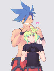 Rule 34 | 2boys, androgynous, artist name, belt, black gloves, blue hair, blush, clenched teeth, closed eyes, closed mouth, commentary, cropped legs, galo thymos, gloves, green hair, grey background, heart, heart hands, highres, kome 1022, lio fotia, looking at viewer, male focus, mohawk, multicolored eyes, multiple boys, muscular, muscular male, orange eyes, pants, pink eyes, promare, short hair, short sleeves, sidelocks, simple background, smile, spiked hair, sweat, sweatdrop, teeth, topless male, wrist cuffs