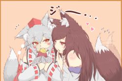 Rule 34 | 2girls, animal ears, arm ribbon, bare shoulders, begging, blush stickers, brown hair, cube85, detached sleeves, eating, fang, female focus, finger in own mouth, food, hat, heart, highres, imaizumi kagerou, inubashiri momiji, long hair, long sleeves, md5 mismatch, multiple girls, off shoulder, red eyes, ribbon, ribbon-trimmed sleeves, ribbon trim, roasted sweet potato, silver hair, staring, sweet potato, tail, tail wagging, tokin hat, touhou, wide sleeves, wolf ears, wolf tail, roasted sweet potato, yellow eyes