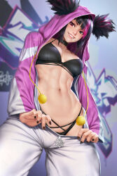 Rule 34 | 1girl, abs, black bra, black nails, black panties, bra, breasts, candy, cleavage, clothes pull, cosplay, food, food in mouth, graffiti, han juri, heterochromia, highres, hood, hood up, kigurumi, large breasts, lollipop, medium breasts, multicolored hair, muscular, muscular female, neoartcore, official alternate costume, official alternate hairstyle, pajamas, panties, pink pajamas, smile, solo, street fighter, street fighter 6, toned, twintails, underwear, unzipped, zipper pull tab