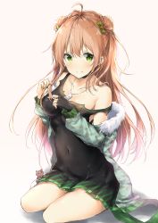 Rule 34 | 1girl, absurdres, bare shoulders, black dress, black gloves, blush, bow, breasts, brown background, brown hair, camouflage, camouflage jacket, closed mouth, collarbone, commentary request, covered navel, dog tags, double bun, dress, fingerless gloves, fingernails, fur-trimmed jacket, fur trim, girls&#039; frontline, gloves, gradient background, green bow, green eyes, green jacket, green nails, hair between eyes, hair bow, hair bun, highres, jacket, long hair, long sleeves, looking at viewer, medium breasts, nail polish, off shoulder, pleated dress, rfb (girls&#039; frontline), shadow, side bun, single glove, sitting, smile, solo, strap slip, stuffed animal, stuffed toy, teddy bear, torn clothes, torn dress, uzuki tsukuyo, very long hair, white background, yokozuwari