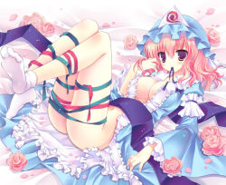 Rule 34 | 1girl, blush, breasts, cleavage, female focus, flower, tucking hair, hat, japanese clothes, large breasts, leg ribbon, legs, legs up, lying, mouth hold, navel, no bra, no panties, obi, on back, open clothes, pink eyes, pink flower, pink hair, pink rose, purple eyes, ribbon, ribbon in mouth, rose, saigyouji yuyuko, sash, shiny skin, shirogane hina, short hair, smile, socks, solo, thigh ribbon, touhou
