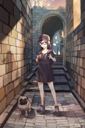 Rule 34 | 1girl, alley, animal, arch, backpack, bag, bare legs, baseball cap, black-framed eyewear, black footwear, black hair, black hat, black shirt, brick wall, brown eyes, building, collarbone, commentary request, day, dog, english text, full body, glasses, hat, highres, holding strap, kotoribako, light rays, long hair, looking at viewer, low ponytail, mouth hold, no socks, original, outdoors, oversized clothes, oversized shirt, parted lips, pavement, pug, shadow, shirt, shoes, short sleeves, sidelocks, sneakers, solo, standing, sunbeam, sunlight