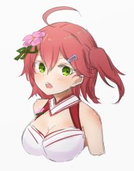 Rule 34 | 1girl, ahoge, bare shoulders, breasts, cherry blossoms, cleavage, flower, green eyes, hair between eyes, hair flower, hair ornament, hairclip, higashigure, highres, hololive, one side up, open mouth, pink hair, sakura miko, sakura miko (old design), sketch, solo, teeth, upper teeth only, virtual youtuber, white background