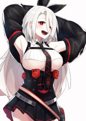 Rule 34 | 1girl, absurdres, akutaa, armpits, arms behind head, azur lane, black necktie, blush, breasts, hair ornament, highres, large breasts, long hair, looking at viewer, mole, mole under eye, necktie, one eye closed, open mouth, prinz heinrich (azur lane), red eyes, smile, solo, white background, white hair