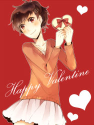 Rule 34 | atlus, bad id, bad pixiv id, blush, brown hair, casual, heart, mentaishi, persona, persona 3, persona 3 portable, red eyes, shiomi kotone, skirt, smile, solo, sweater, valentine