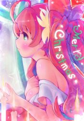 Rule 34 | 1girl, ahoge, bare shoulders, bow, breasts, candle, christmas, commentary request, dress, green eyes, hair bow, indoors, large breasts, long hair, merry christmas, original, pink hair, snowing, solo, tinkle bell, upper body, window, winter