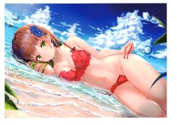 Rule 34 | 1girl, absurdres, bare shoulders, beach, bikini, blue sky, blush, bow, breasts, brown hair, cleavage, closed mouth, cloud, cloudy sky, collarbone, day, floral print, flower, gradient hair, gradient sky, green eyes, green hair, hair flower, hair ornament, highres, lips, long hair, looking at viewer, lying, medium breasts, multicolored hair, na kyo, navel, on side, original, outdoors, red bikini, scan, shore, simple background, sky, solo, stomach, swimsuit, thighs, two-tone hair, untied bikini, water, water drop, wet