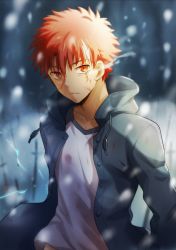 Rule 34 | 1boy, blouse, blurry, blurry background, collarbone, commentary request, emiya shirou, emiya shirou (prisma illya), fate/kaleid liner prisma illya, fate (series), hood, hooded jacket, jacket, looking at viewer, male focus, orange eyes, red hair, rune (rne at), serious, shirt, snow, snowing, solo, sword, unlimited blade works (fate), upper body, weapon, white shirt