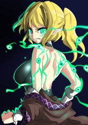 Rule 34 | &gt;:(, 1girl, alternate hairstyle, angry, arm warmers, back, backless outfit, bare shoulders, blonde hair, breasts, clenched teeth, clothes down, energy, eye focus, from behind, frown, glowing, glowing eyes, green eyes, halterneck, highres, hitotsuki nebura, large breasts, looking at viewer, looking back, mizuhashi parsee, one-hour drawing challenge, pointy ears, ponytail, short hair, shoulder blades, skin tight, sleeveless, slit pupils, solo, teeth, touhou, upper body, v-shaped eyebrows