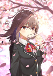 Rule 34 | 1girl, black jacket, blazer, blurry, blurry background, blush, bow, branch, brown eyes, brown hair, cherry blossoms, closed mouth, collared shirt, commentary request, depth of field, dress shirt, fingernails, flower, hair between eyes, hand up, highres, hikashou, jacket, long hair, long sleeves, original, petals, pink flower, red bow, school uniform, shirt, smile, solo, upper body, white shirt