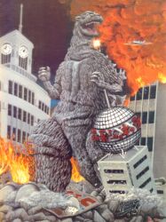 Rule 34 | absurdres, aircraft, airplane, city, clock, clock tower, debris, destruction, explosion, f-86, f-86 sabre, fighter jet, fire, godzilla, godzilla (series), gojira, highres, jet, kaijuu, military, military vehicle, night, north american aviation, real world location, rubble, smoke, thermacabe, toho, tokyo (city), tower, wako (department store), wako clock tower