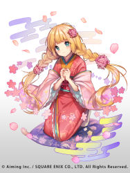 Rule 34 | 1girl, absurdres, blonde hair, blue eyes, blush, braid, closed mouth, copyright request, cushion, egasumi, flower, full body, gradient background, grey background, hair flower, hair ornament, has bad revision, has downscaled revision, highres, itamidome, japanese clothes, kimono, kneeling, long hair, long sleeves, low twintails, md5 mismatch, obi, official art, own hands together, petals, pink flower, pink kimono, resolution mismatch, sash, solo, source smaller, sweat, twin braids, twintails, very long hair, watermark, white background, wide sleeves, zabuton