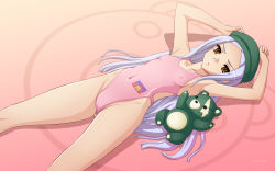Rule 34 | 00s, 1girl, armpits, arms up, cameltoe, covered erect nipples, flat chest, gundam, gundam 00, hat, highres, long hair, lying, one-piece swimsuit, silver hair, solo, soma peries, stuffed animal, stuffed toy, swimsuit, tadano akira, teddy bear, yellow eyes