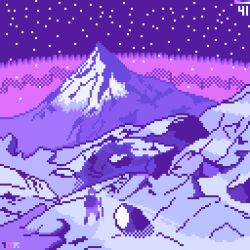 1boy cane highres hiking hiking_pole holding holding_cane mountain mountainous_horizon night night_sky original pixel_art rock scenery sky sky_focus solo star_(sky) starry_sky tomoruka_mr