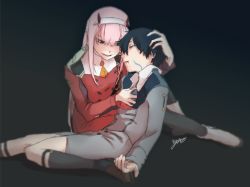 Rule 34 | 10s, 1boy, 1girl, black hair, black pantyhose, boots, brown footwear, commentary request, couple, darling in the franxx, fringe trim, green eyes, hair ornament, hairband, hand on another&#039;s chest, hand on another&#039;s head, hetero, hiro (darling in the franxx), horns, long hair, military, military uniform, necktie, oni horns, orange neckwear, pantyhose, pink hair, red horns, red neckwear, shoes, short hair, sitting, sitting on person, socks, twbbs-yao, uniform, white footwear, white hairband, zero two (darling in the franxx)
