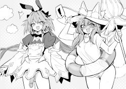 Rule 34 | 1boy, 1girl, animal ear fluff, animal ears, astolfo (fate), astolfo (saber) (fate), astolfo (saber) (third ascension) (fate), beach umbrella, blush, bottomless, bow, bowtie, bracelet, breasts, dress, fate/grand order, fate (series), female pubic hair, fox ears, fox girl, fox tail, greyscale, hair bow, hair intakes, hair ribbon, hat, highres, innertube, jewelry, juliet sleeves, large breasts, long hair, long sleeves, looking at viewer, low twintails, monochrome, multicolored hair, open mouth, penis, pubic hair, puffy sleeves, ribbon, shirt, short sleeves, sidelocks, smile, streaked hair, sun hat, swim ring, tail, tamamo (fate), tamamo no mae (fate/extra), tamamo no mae (swimsuit lancer) (fate), tamamo no mae (swimsuit lancer) (first ascension) (fate), thighs, trap, twintails, umbrella, wide sleeves, wisespeak