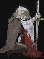 Rule 34 | 2girls, arms around neck, b (wldms6650), black background, black cape, black footwear, black jacket, black pantyhose, blood, blood on clothes, blood on face, bloody weapon, byleth (female) (fire emblem), byleth (fire emblem), cape, commentary request, edelgard von hresvelg, fire emblem, fire emblem: three houses, garreg mach monastery uniform, gauntlets, green eyes, green hair, hair ribbon, hands on another&#039;s head, high heels, highres, holding, holding sword, holding weapon, jacket, long hair, looking at another, multiple girls, nintendo, pantyhose, planted, planted sword, planted weapon, purple ribbon, red cape, ribbon, simple background, sitting, sword, wariza, weapon, white hair, yuri