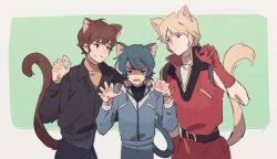 Rule 34 | 3boys, :t, amuro ray, animal ear fluff, animal ears, belt, black belt, black jacket, black pants, blonde hair, blue eyes, blue hair, blue jacket, blue pants, border, brown eyes, brown hair, cat boy, cat ears, cat tail, char aznable, claw pose, closed mouth, expressionless, fang, gloves, green background, gundam, jacket, kamille bidan, kemonomimi mode, long sleeves, looking at another, male focus, multiple boys, namihaya, open mouth, outside border, pants, paper texture, quattro bajeena, red gloves, red pants, shaded face, shirt, short hair, sleeveless, sleeveless jacket, sleeveless shirt, sweat, tail, turtleneck, white border, white shirt, yellow shirt, zeta gundam