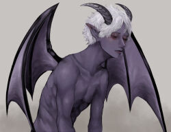 Rule 34 | abs, absurdres, black wings, blush, colored skin, completely nude, demon boy, demon horns, demon wings, ear blush, eyelashes, eyeshadow, grey background, half-closed eyes, highres, horns, looking down, makeup, nude, original, pointy ears, purple skin, red lips, sad, short hair, simple background, solo, sumosamo, toned, toned male, upper body, white hair, wings