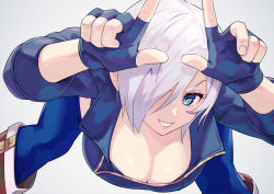 Rule 34 | 1girl, angel (kof), black jacket, blue eyes, boots, breasts, cleavage, close-up, commentary, cowboy boots, horns pose, fingerless gloves, gloves, hair over one eye, index finger raised, jacket, large breasts, leaning forward, looking at viewer, short hair, simple background, smile, snk, solo, the king of fighters, the king of fighters xv, white hair, yagi2013