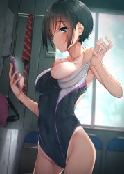 Rule 34 | 1girl, bad id, bad pixiv id, bag, black hair, black one-piece swimsuit, blue eyes, breasts, cellphone, chair, clothes pull, collarbone, competition swimsuit, covered navel, expressionless, folding chair, highres, holding, holding phone, indoors, iphone, locker, locker room, medium breasts, necktie, nipples, one-piece swimsuit, one-piece swimsuit pull, one breast out, original, phone, pulled by self, rerrere, shirt, sidelocks, smartphone, solo, swimsuit, tan, tanline, undressing, white shirt, window