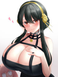 Rule 34 | 2girls, absurdres, anya (spy x family), bare shoulders, black dress, black hair, breast envy, breast shadow, breasts, choker, cleavage, dress, flower, hair flower, hair ornament, half-closed eyes, hand on own chest, hand on own face, heart, heavy breathing, highres, huge breasts, looking at breasts, looking at viewer, minori (user eket5233), multiple girls, open mouth, pink hair, rose, shadow, sidelocks, simple background, smile, spy x family, upper body, white background, wide-eyed, yor briar