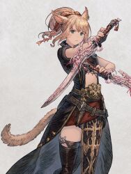 Rule 34 | 1girl, absurdres, animal ears, bandeau, belt, black bandeau, black coat, black footwear, black gloves, black thighhighs, blonde hair, boots, bow, cat ears, cat girl, cat tail, coat, dagger, dual wielding, earrings, facial hair, facial mark, feet out of frame, final fantasy, final fantasy xiv, fingerless gloves, flower, gloves, green eyes, grey background, hair bow, hair flower, hair ornament, hatching (texture), highres, holding, holding dagger, holding knife, holding weapon, jewelry, knife, long hair, looking at viewer, maeka (kumaekake), medium hair, miqo&#039;te, multiple belts, ninja (final fantasy), open clothes, open coat, outstretched arm, pelvic curtain, ponytail, red skirt, serious, short sleeves, simple background, single earring, skirt, slit pupils, solo, standing, tail, thigh boots, thighhighs, warrior of light (ff14), weapon, whisker markings