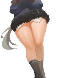 Rule 34 | 1girl, black gloves, black socks, coat, dokomon, dutch angle, feet out of frame, from below, fur-trimmed coat, fur trim, girls&#039; frontline, gloves, head out of frame, highres, holding, holding stuffed toy, hs2000 (girls&#039; frontline), legs, light green hair, long hair, lower body, ponytail, simple background, socks, solo, stuffed animal, stuffed toy, teddy bear, thick thighs, thighs, very long hair, white background