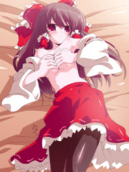 Rule 34 | 1girl, armpits, grabbing another&#039;s breast, breasts squeezed together, breasts, brown pantyhose, covering privates, female focus, grabbing, hakurei reimu, miuku (marine sapphire), pantyhose, red eyes, ribbon, solo, topless, touhou