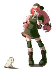 Rule 34 | 1girl, alternate color, beret, boots, dog, dress, falcoon, fatal fury, hat, knee pads, long hair, pink hair, puppy, shijou hinako, snk, solo, the king of fighters, thighhighs, twintails